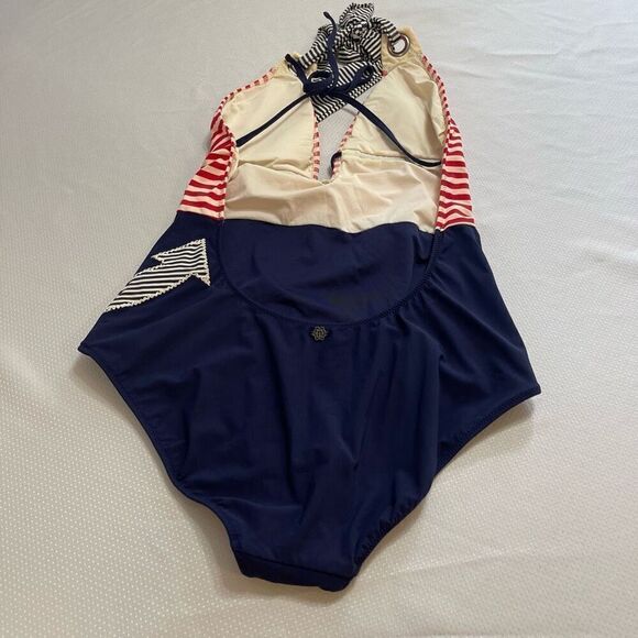 Retro Nanette Lepore One Piece Nautical Sailing Stripped Womens Swimsuit Large - Picture 5 of 7